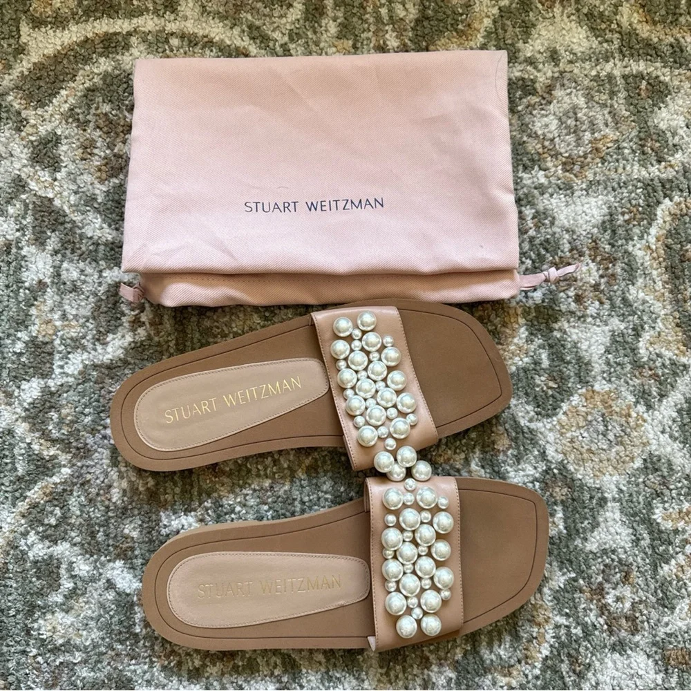 Stuart Weitzman Goldie Pearl Embellished Women's Leather Slides